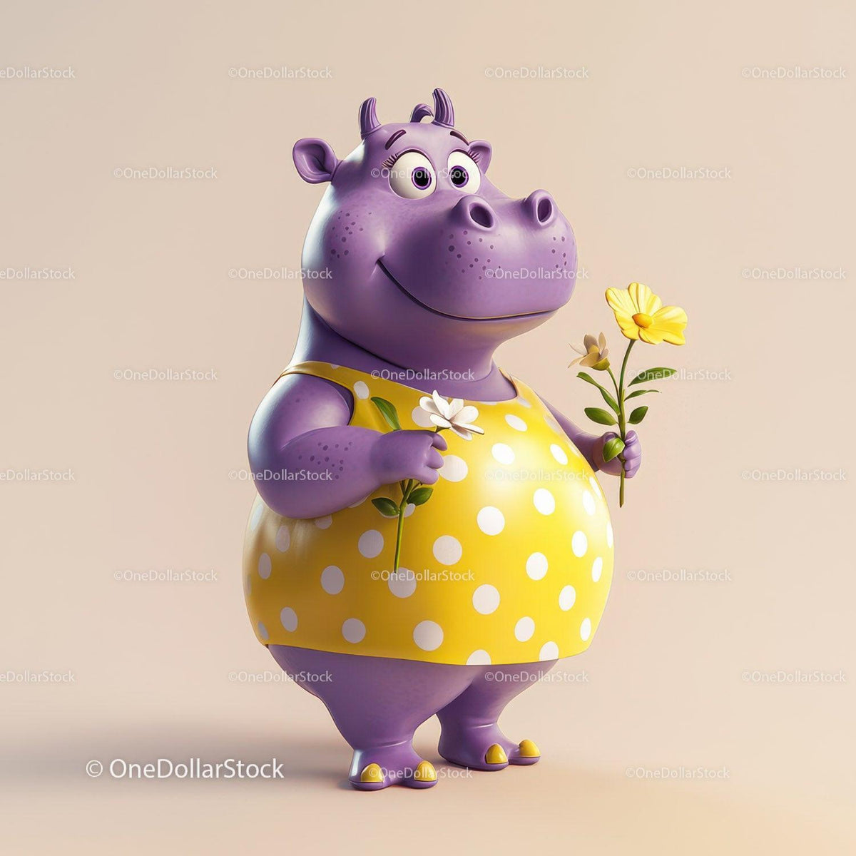 Purple cartoon hippopotamus in yellow polka dot dress holding two flowers