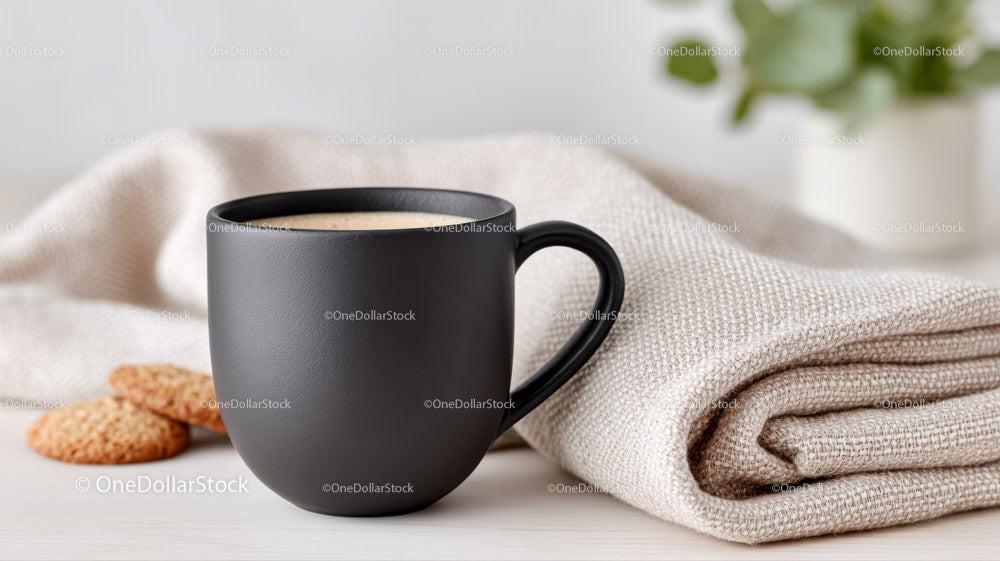 Stylish Black Coffee Mug with Cookies and Linen in Cozy Setting