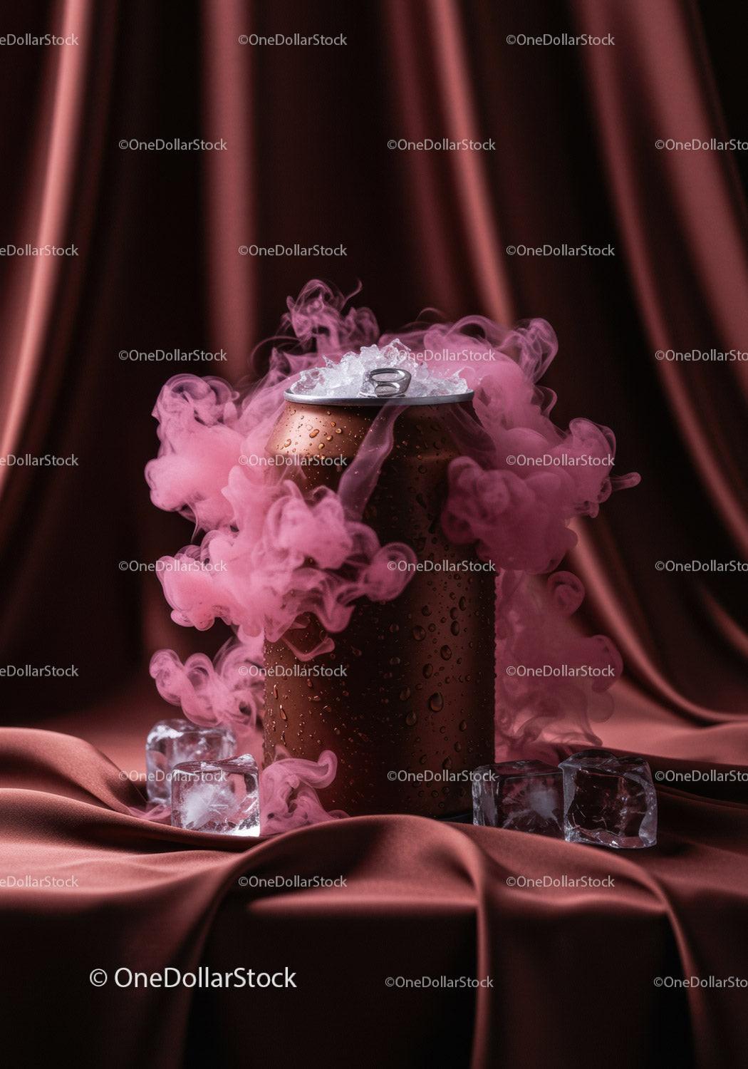 Icy Beverage Can Surrounded by Pink Smoke on Satin Fabric