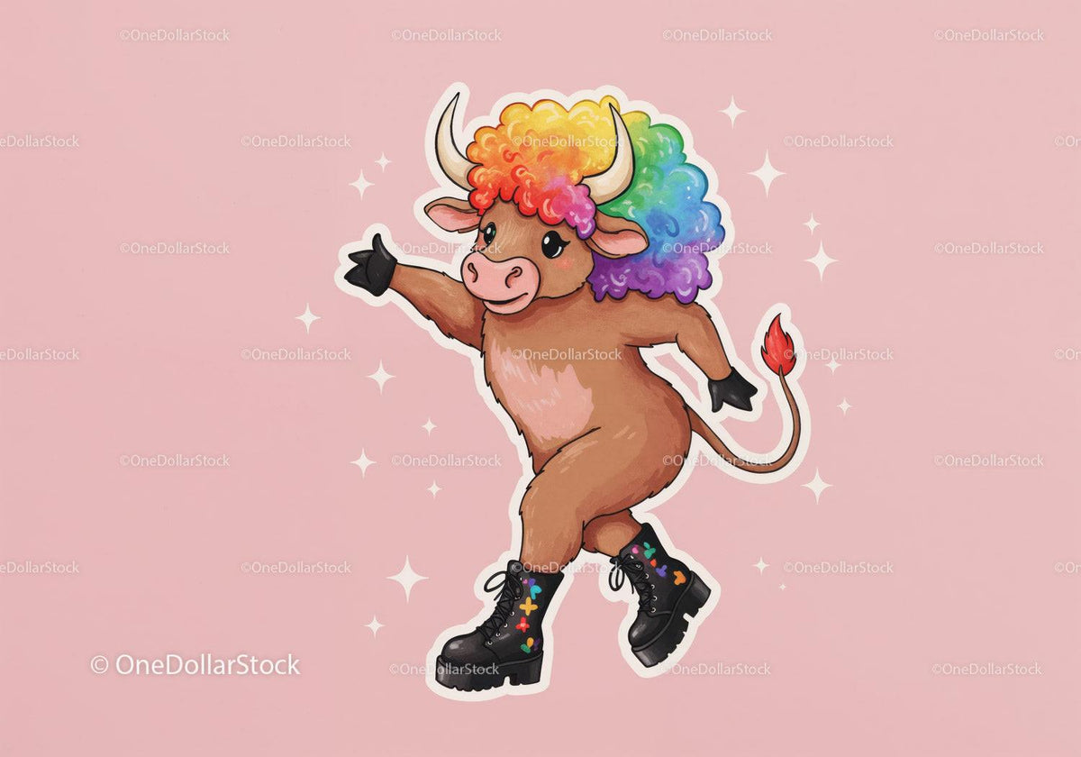 Colorful Cartoon Bull with Rainbow Hair in Funky Streetwear Stock Photo Bundle preview 28