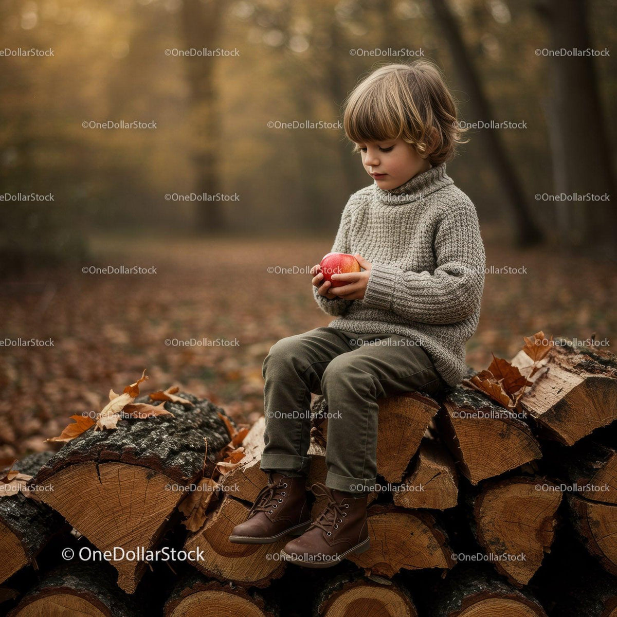 Child Sitting on Firewood Holding a Red Apple Outdoors