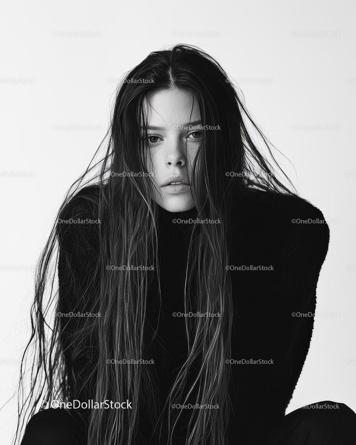 Fashion Portrait of Young Woman with Wet Hair in Monochrome Style