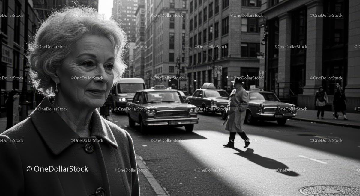 Elegant Woman Walking in Black and White City Street Scene