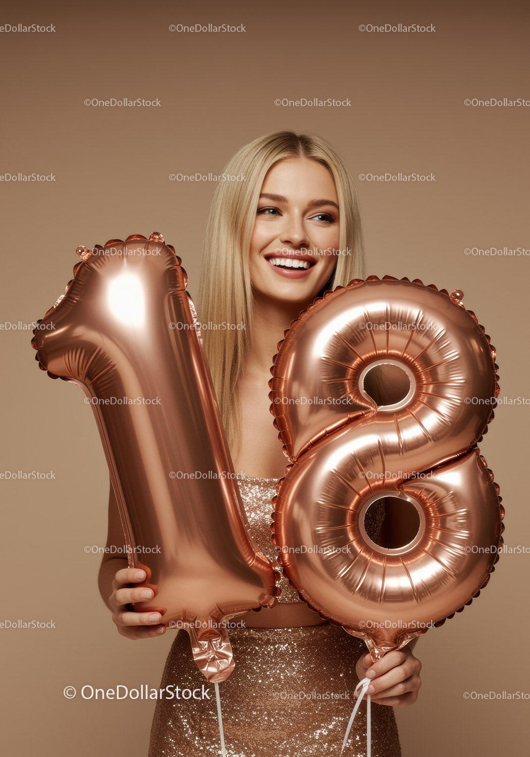 Smiling young woman celebrating eighteenth birthday with balloons