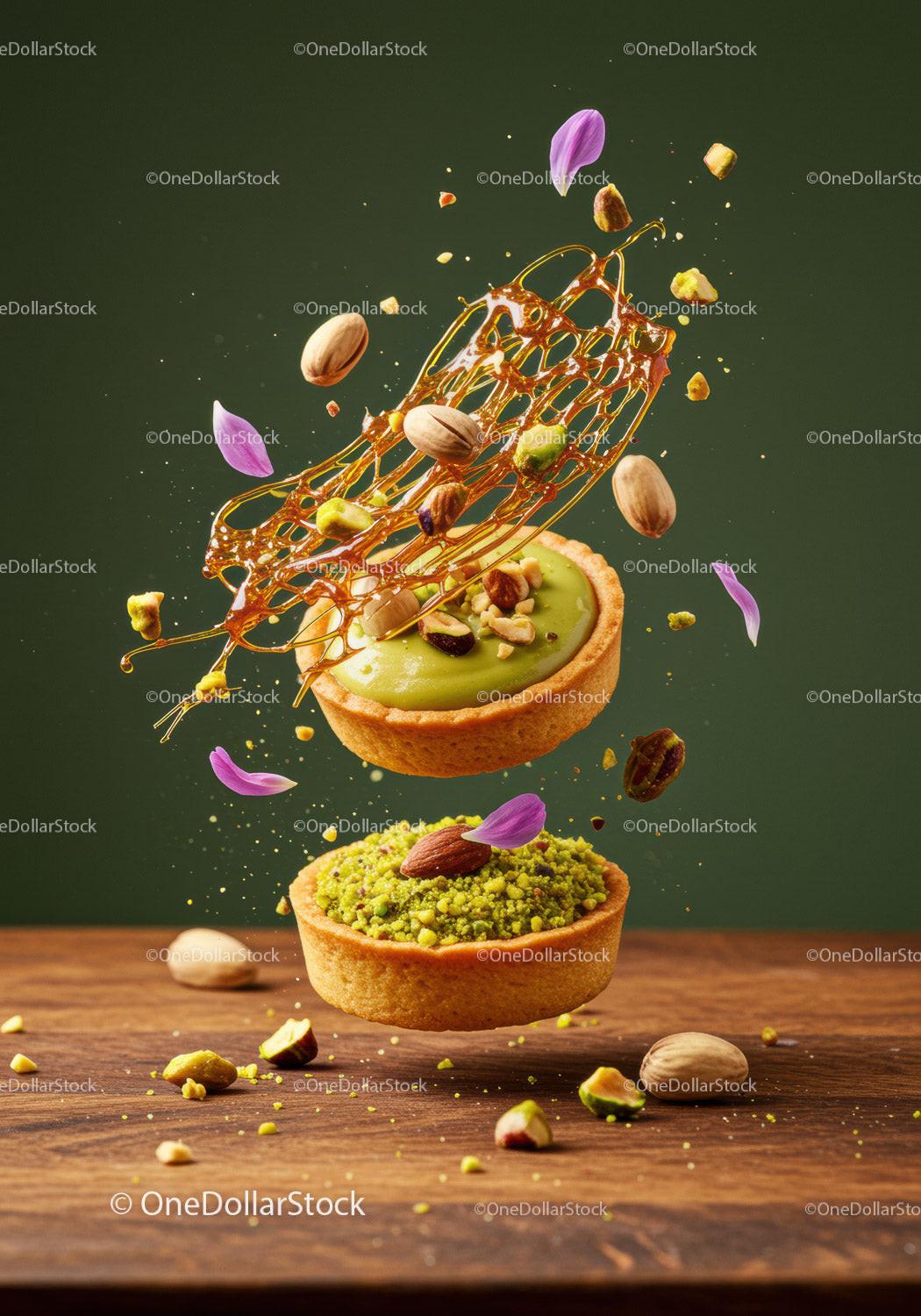 Pistachio tarts with caramel and scattered nuts closeup