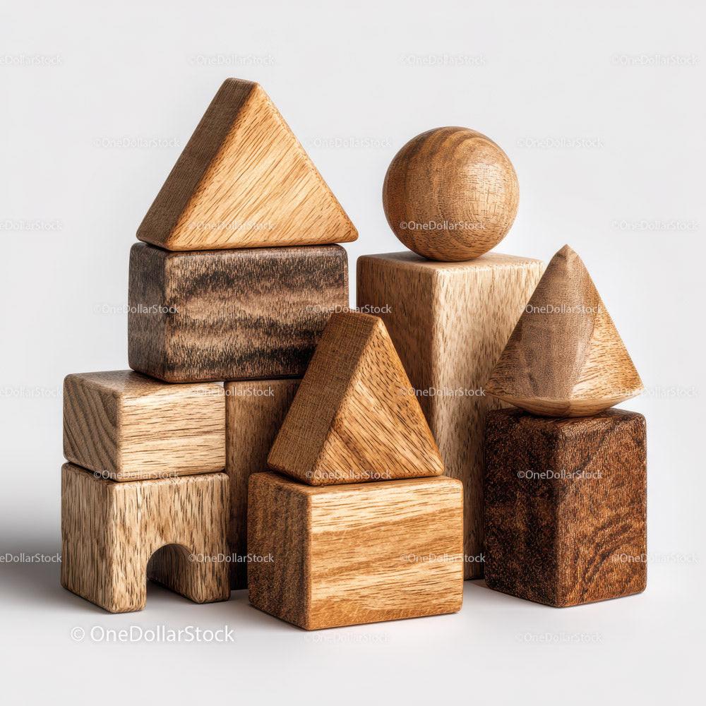 Stacked natural wooden geometric blocks including cubes, sphere, and cone shapes on white background