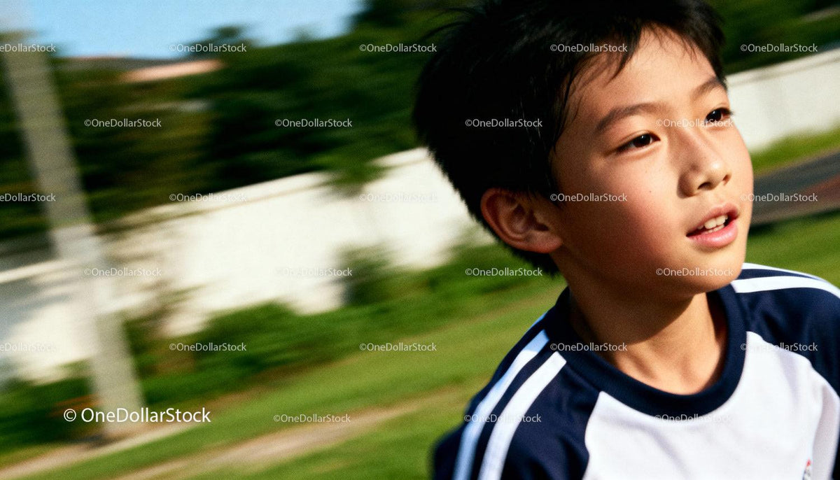 Young boy running outdoors with focused expression