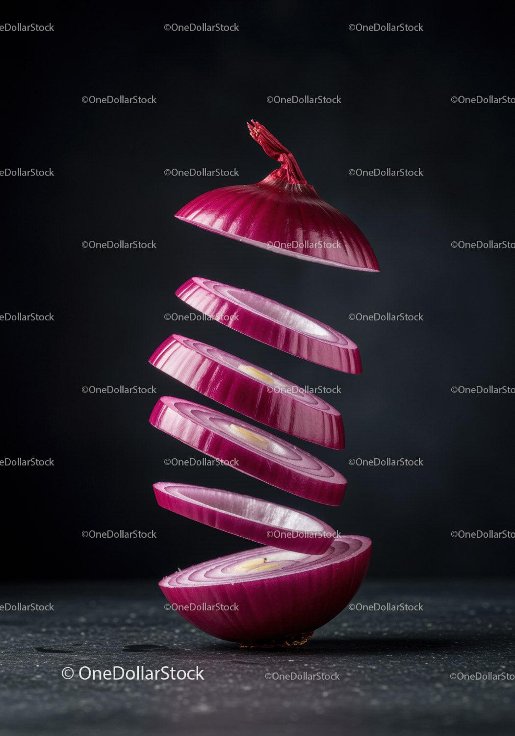 Floating slices of fresh red onion on dark background