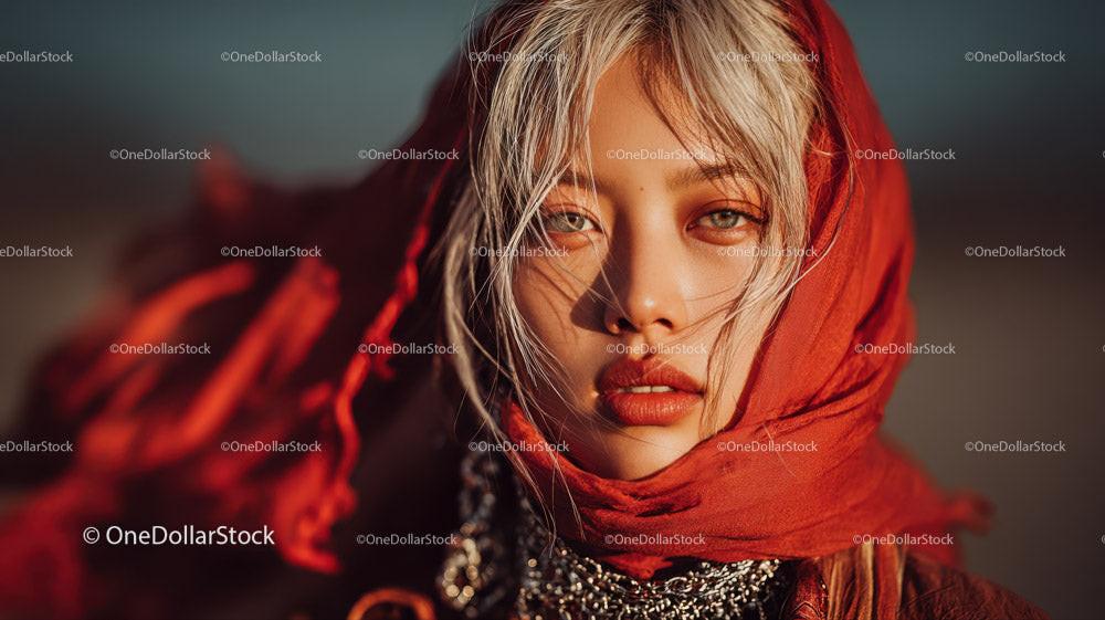 Fashion Portrait of Young Woman with Blue Eyes and Red Headscarf