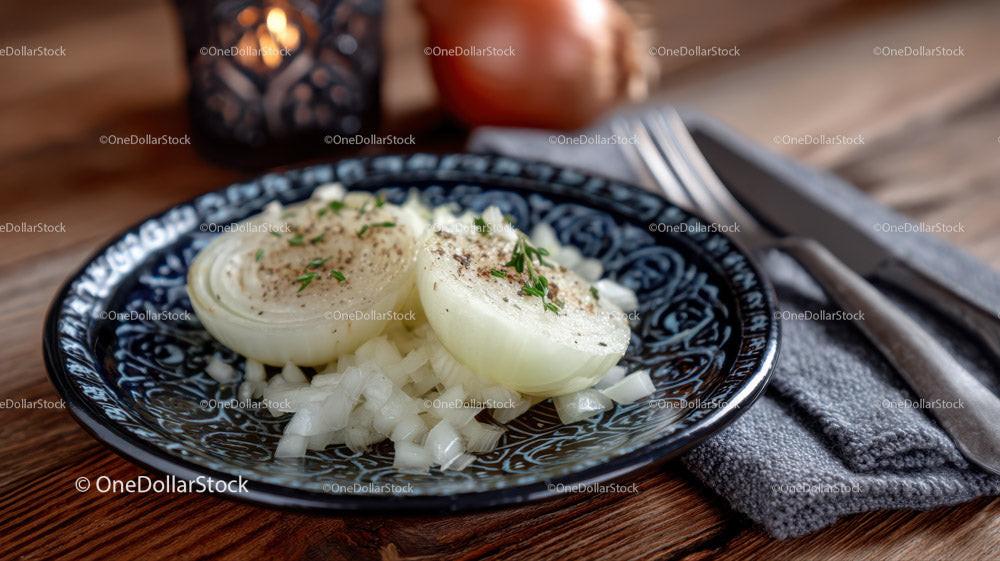 Deviled Eggs on a Decorative Plate with Onions and Rustic Setting