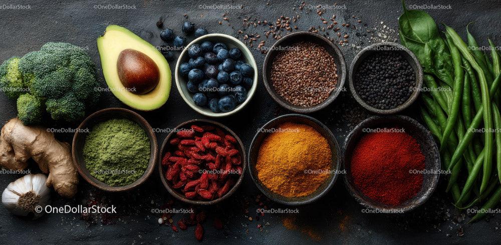 Array of Fresh Vegetables, Fruits, and Spices for Healthy Cooking