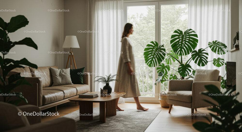 Elegant Woman Walking in a Modern Living Room with Plants Stock Photo Bundle preview 5
