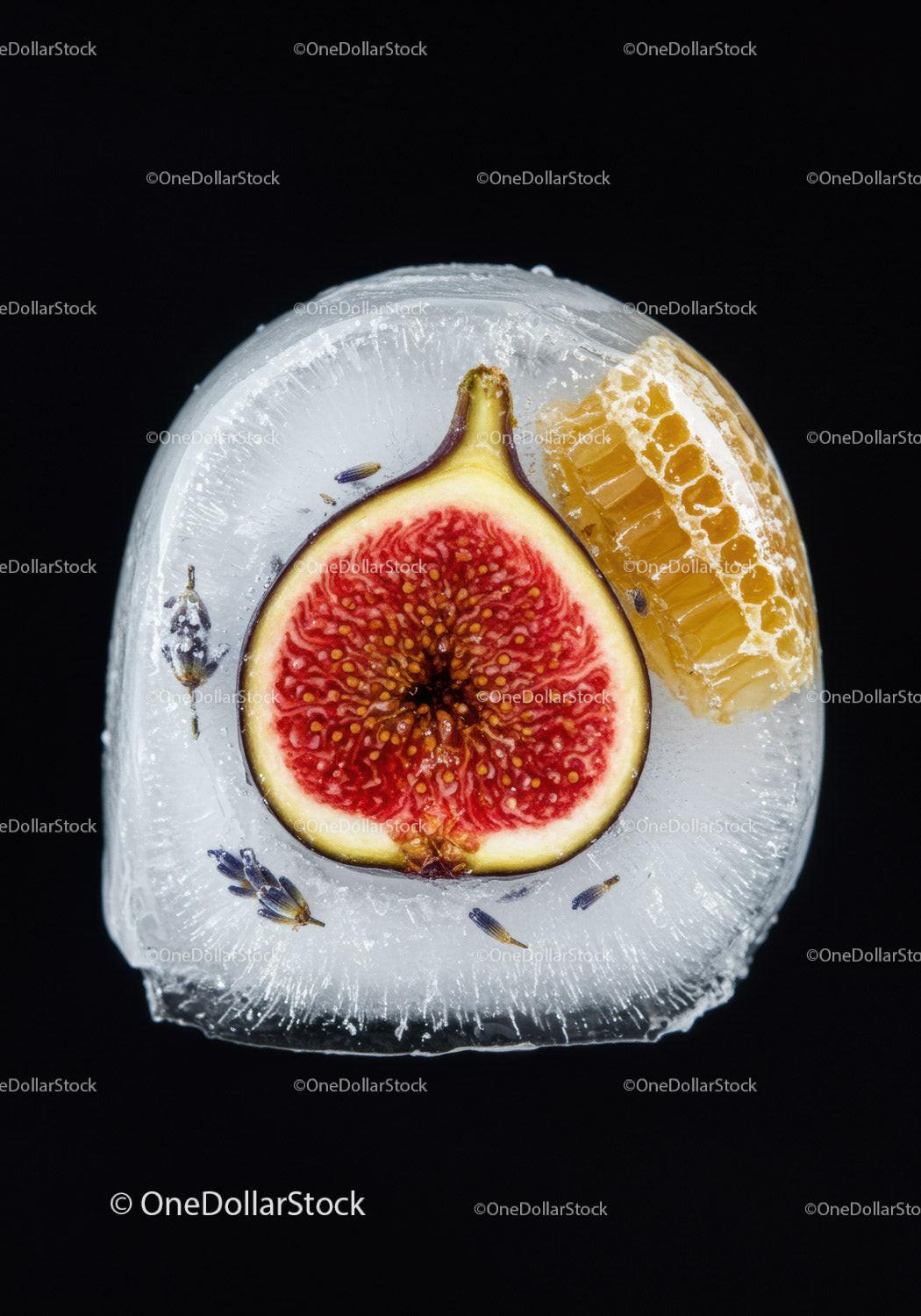 Frozen fig and honeycomb encased in ice block