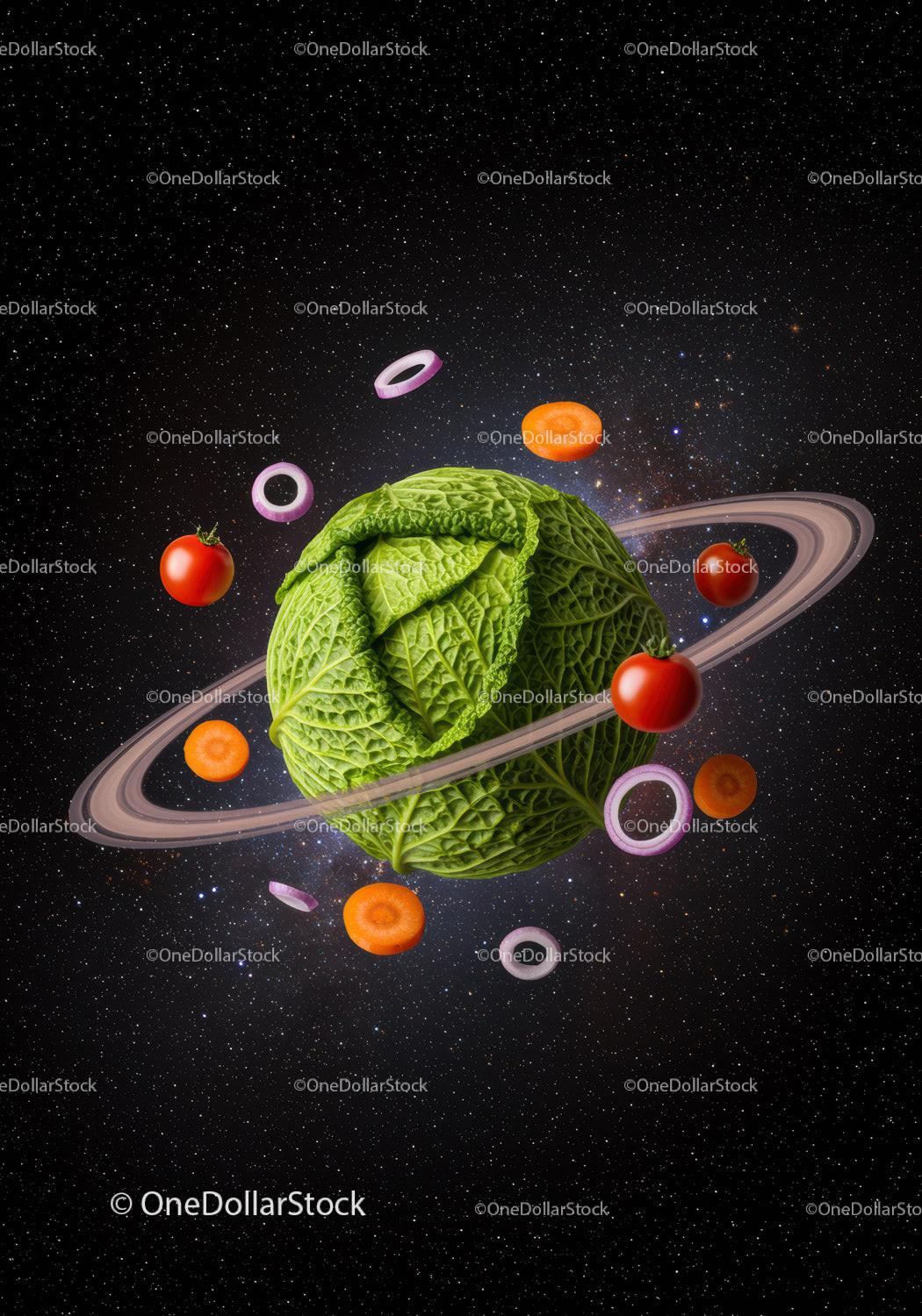 Cabbage planet with vegetable rings floating in space