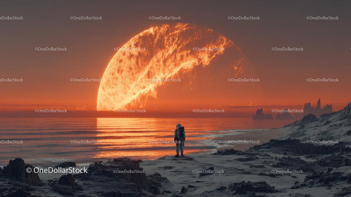 Astronaut Exploring a Surreal Alien Landscape with a Giant Orange Planet Stock Photo Bundle preview 8