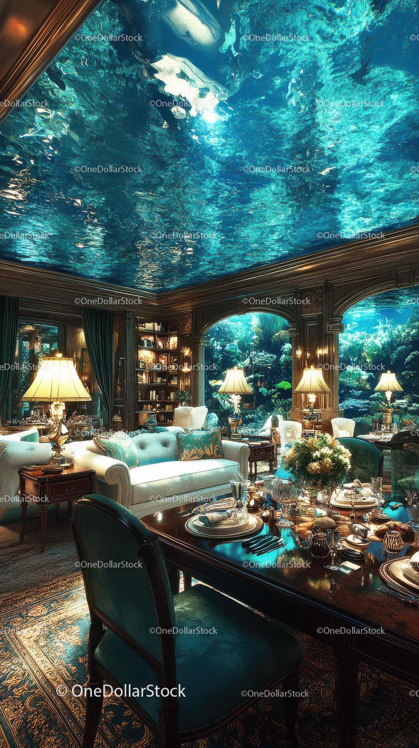 Elegant living and dining room with underwater ocean ceiling and teal-accented furniture
