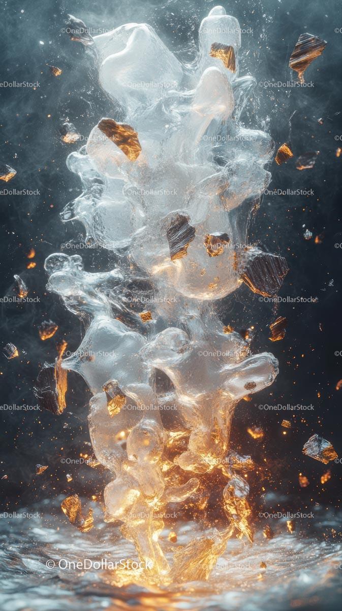 Close-Up of Melting Ice with Sparkling Fragments and Water Splash