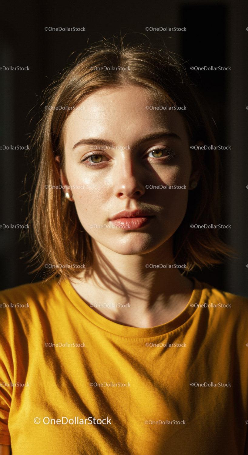 Close-Up of a Young Woman with Hazel Eyes and Sunlit Skin in Yellow T-Shirt