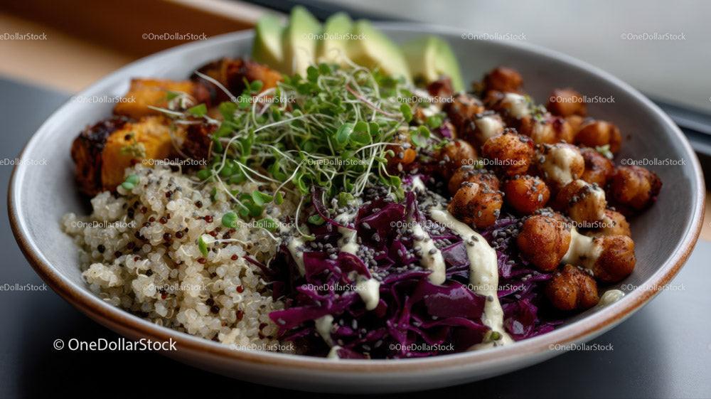 Colorful Vegan Bowls with Chickpeas Sweet Potatoes Red Cabbage and Quinoa Stock Photo Bundle preview 7