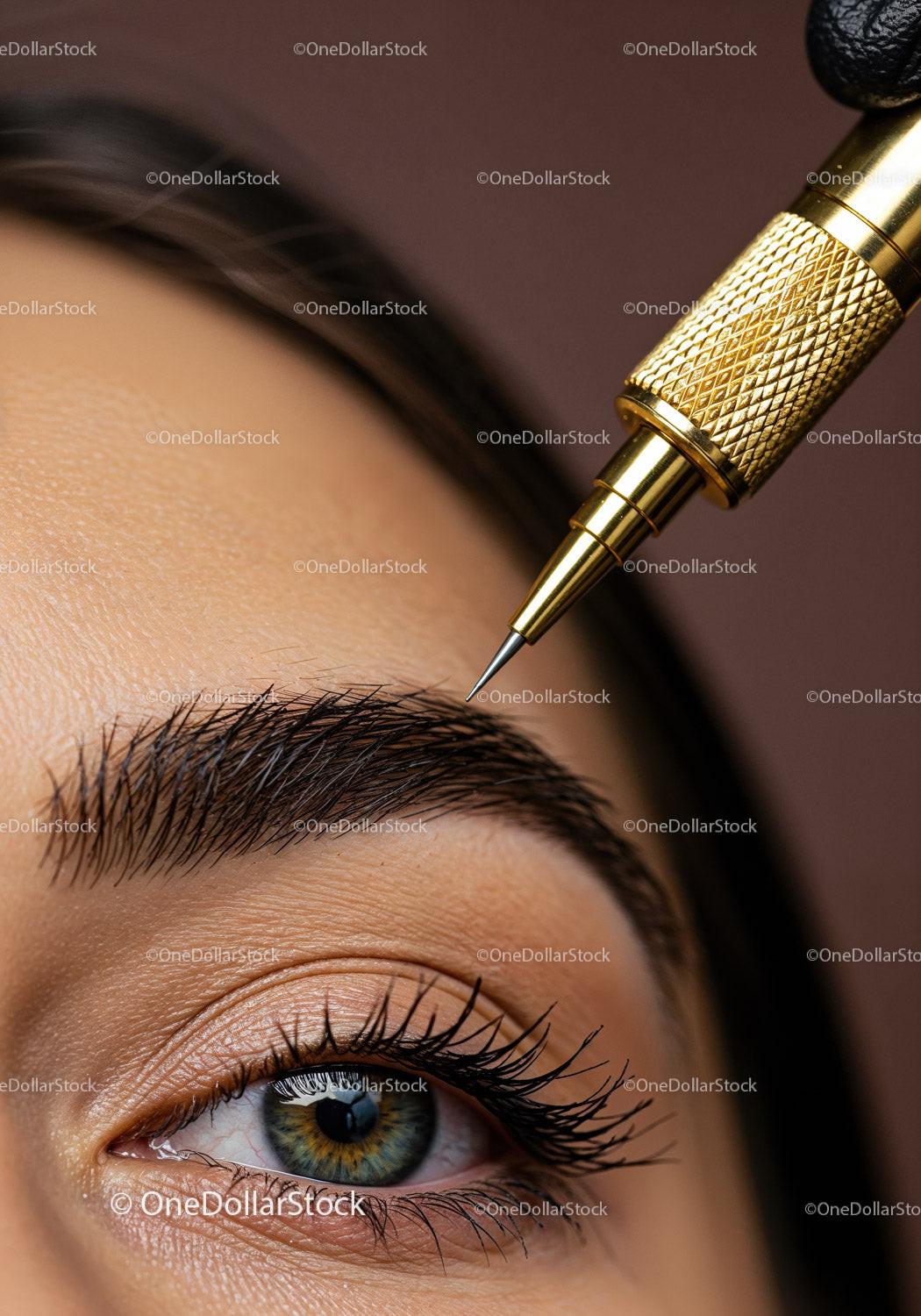 Close-up of Eye Makeup Application with Eyebrow Grooming and Cosmetology Pen
