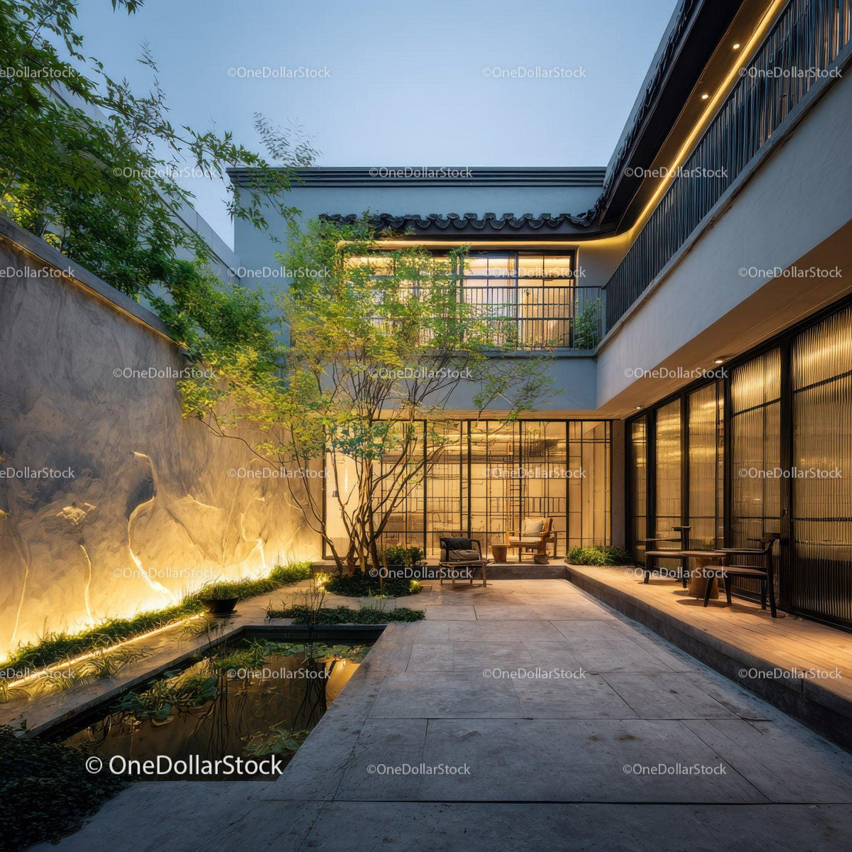 Contemporary Modern Courtyard with Luxurious Outdoor Seating and Water Feature