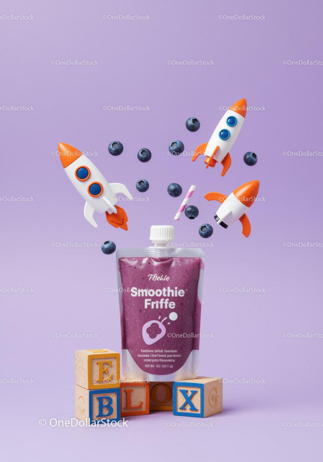 Blueberry smoothie pouch with playful rocket toys and blocks