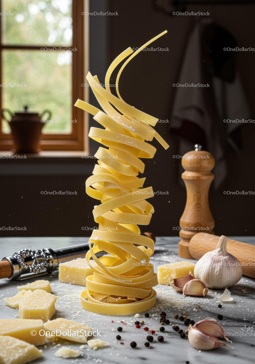 Rustic Kitchen Scene with Flying Tagliatelle Pasta
