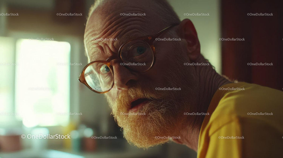 Close-up of elderly man with ginger beard and round glasses indoors