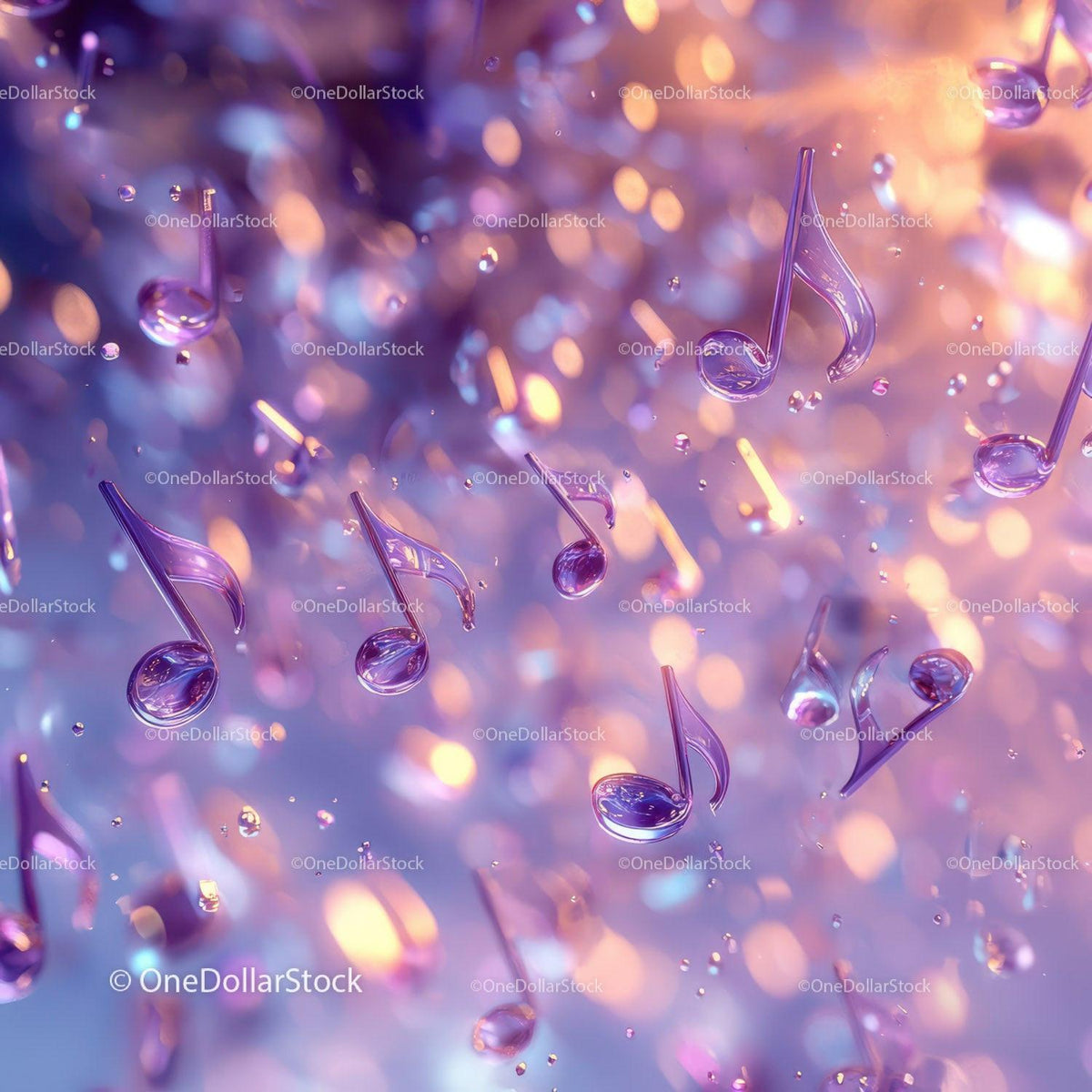 Transparent purple glass music notes floating with glowing bokeh background
