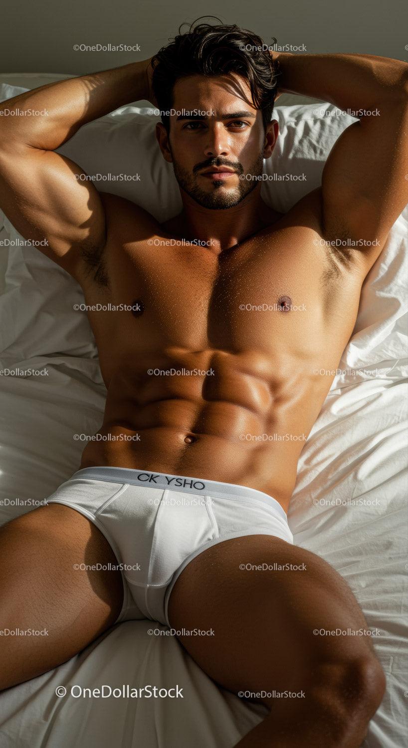 Fit young man relaxing on bed in white briefs