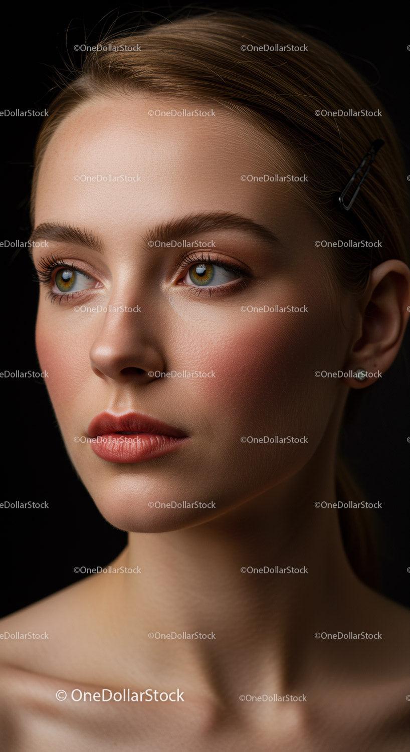 Close-up of a Young Woman with Natural Makeup and Light Brown Hair