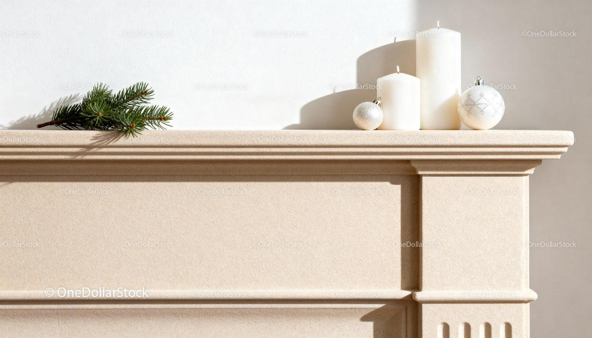 Minimalist Christmas decor on beige mantelpiece