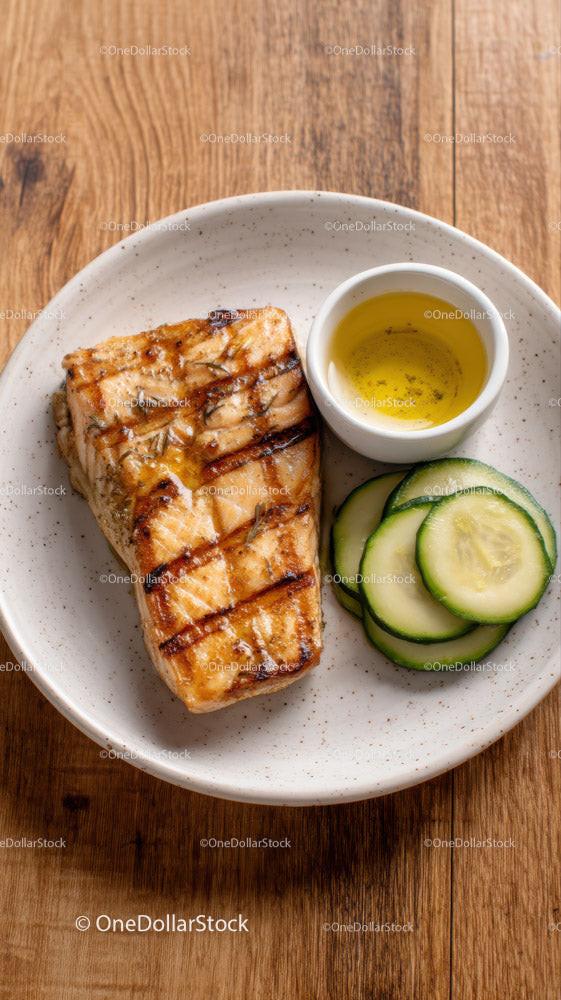 Grilled Salmon Fillet with Olive Oil and Cucumber Slices