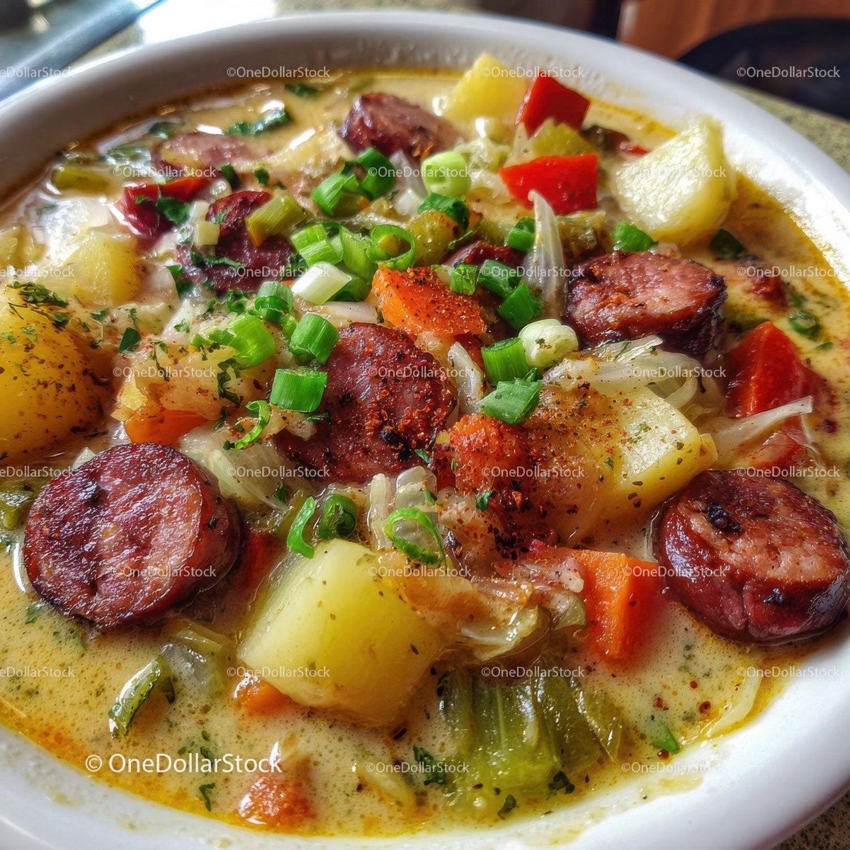 Hearty Sausage and Vegetable Soup with Potatoes and Carrots Stock Photo Bundle preview 26