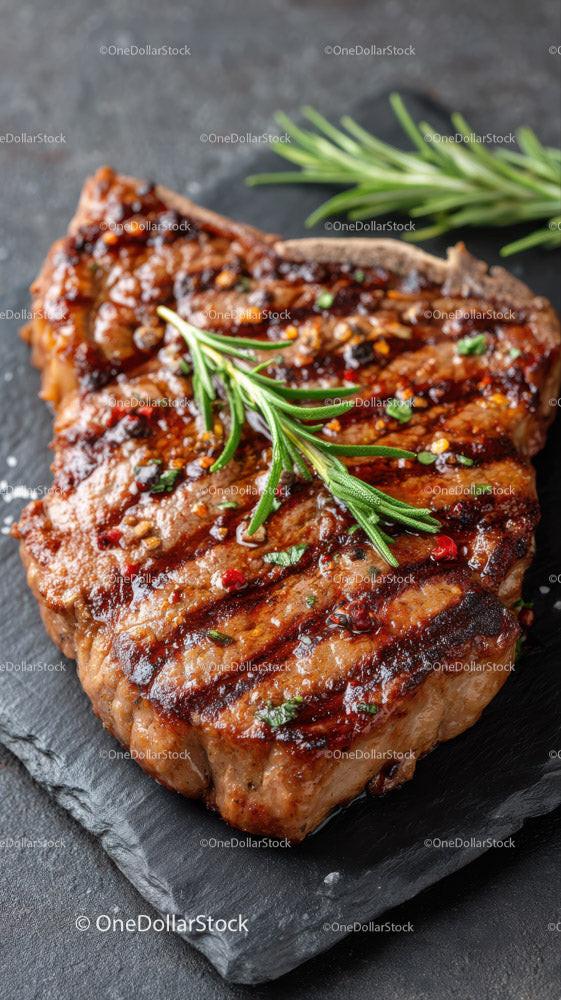 Gourmet Grilled Steak with Rosemary on Black Slate Plate Stock Photo Bundle preview 9