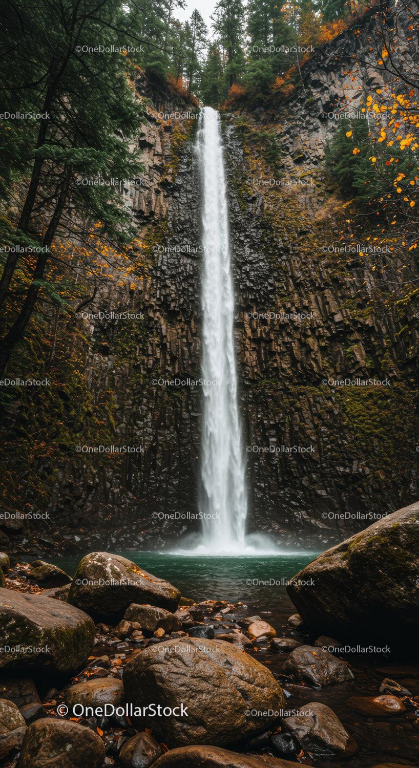 Serene water falling over rocky cliff in autumn forest