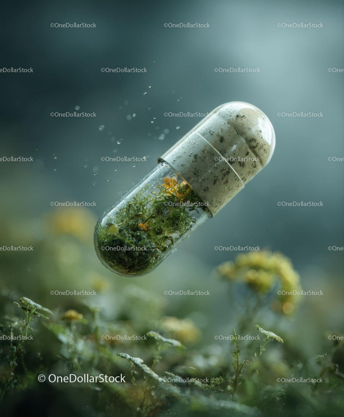 Clear capsule filled with green moss and a small yellow flower floating above plants