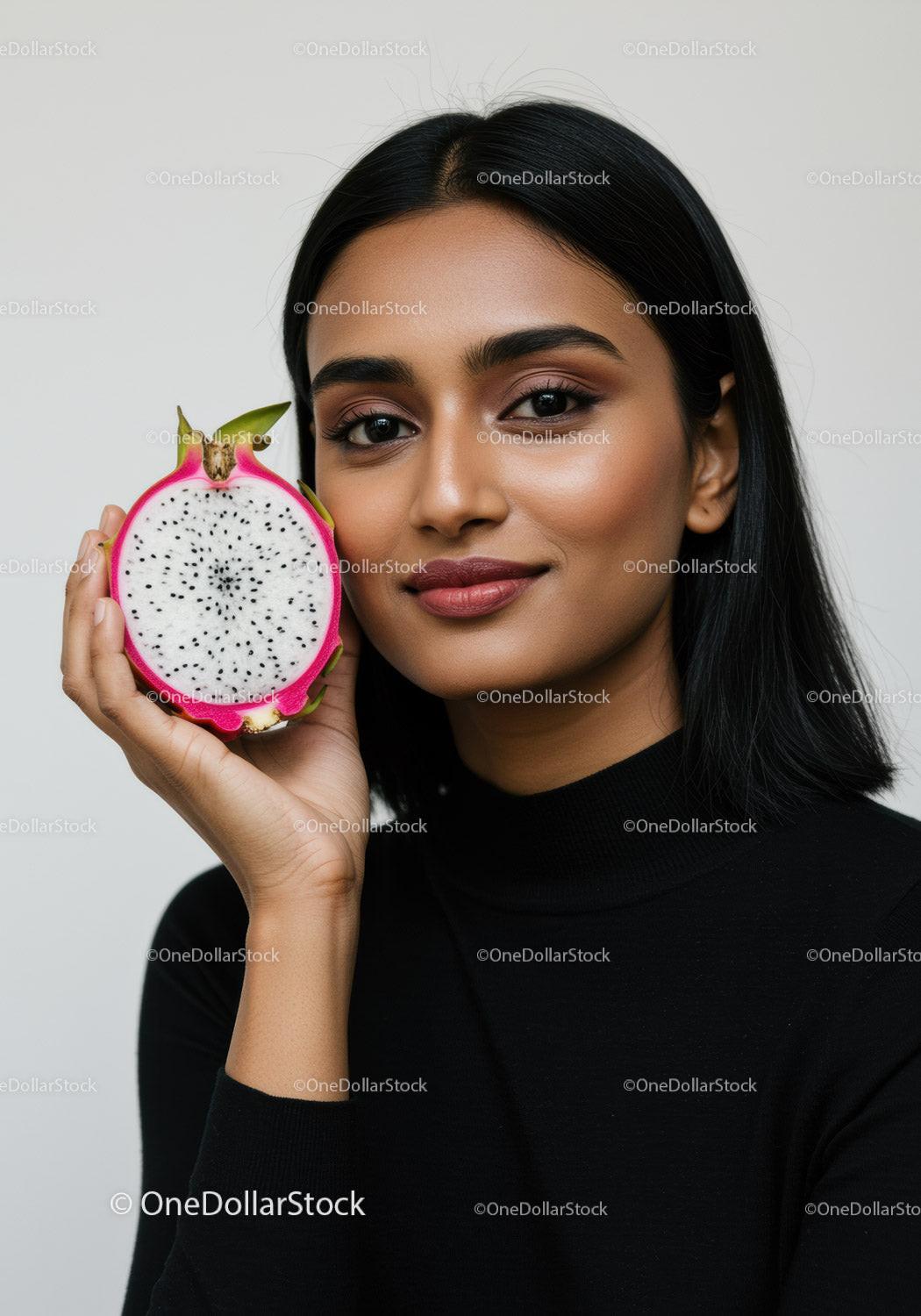 Beautiful Woman Holding Fresh Dragon Fruit for Health and Beauty