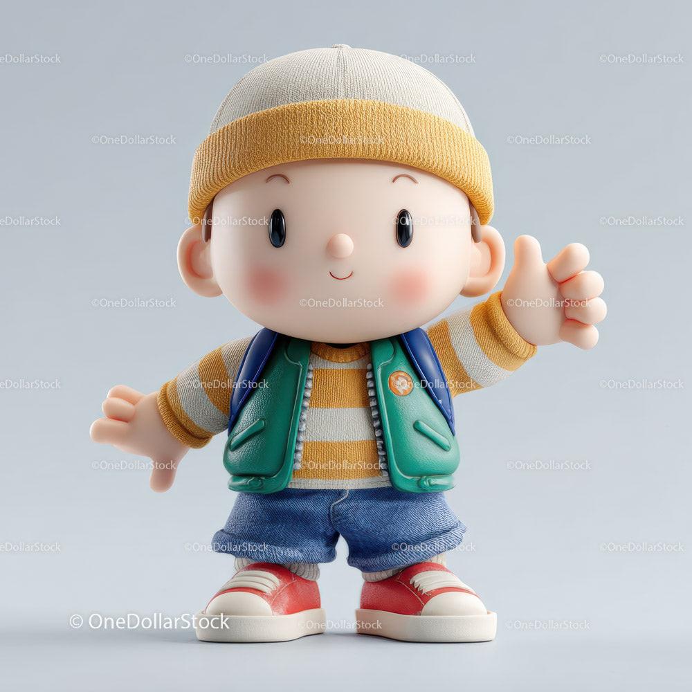 Child figure wearing striped sweater, green vest, yellow cap, blue shorts, and red shoes