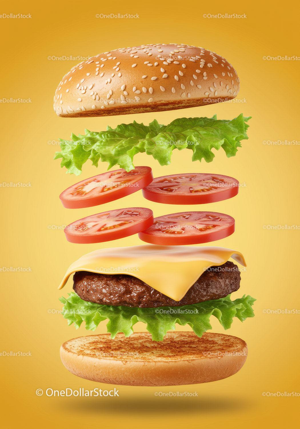 Delicious cheeseburger ingredients floating on yellow background