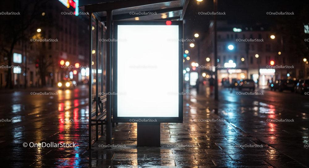 Night City Street with Illuminated Bus Stop and Neon Signs JPG Mockup Image preview 27