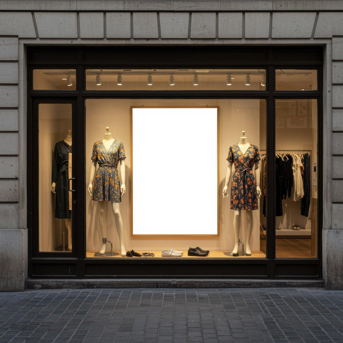 Fashionable summer dresses displayed in boutique window JPG Mockup Image preview
