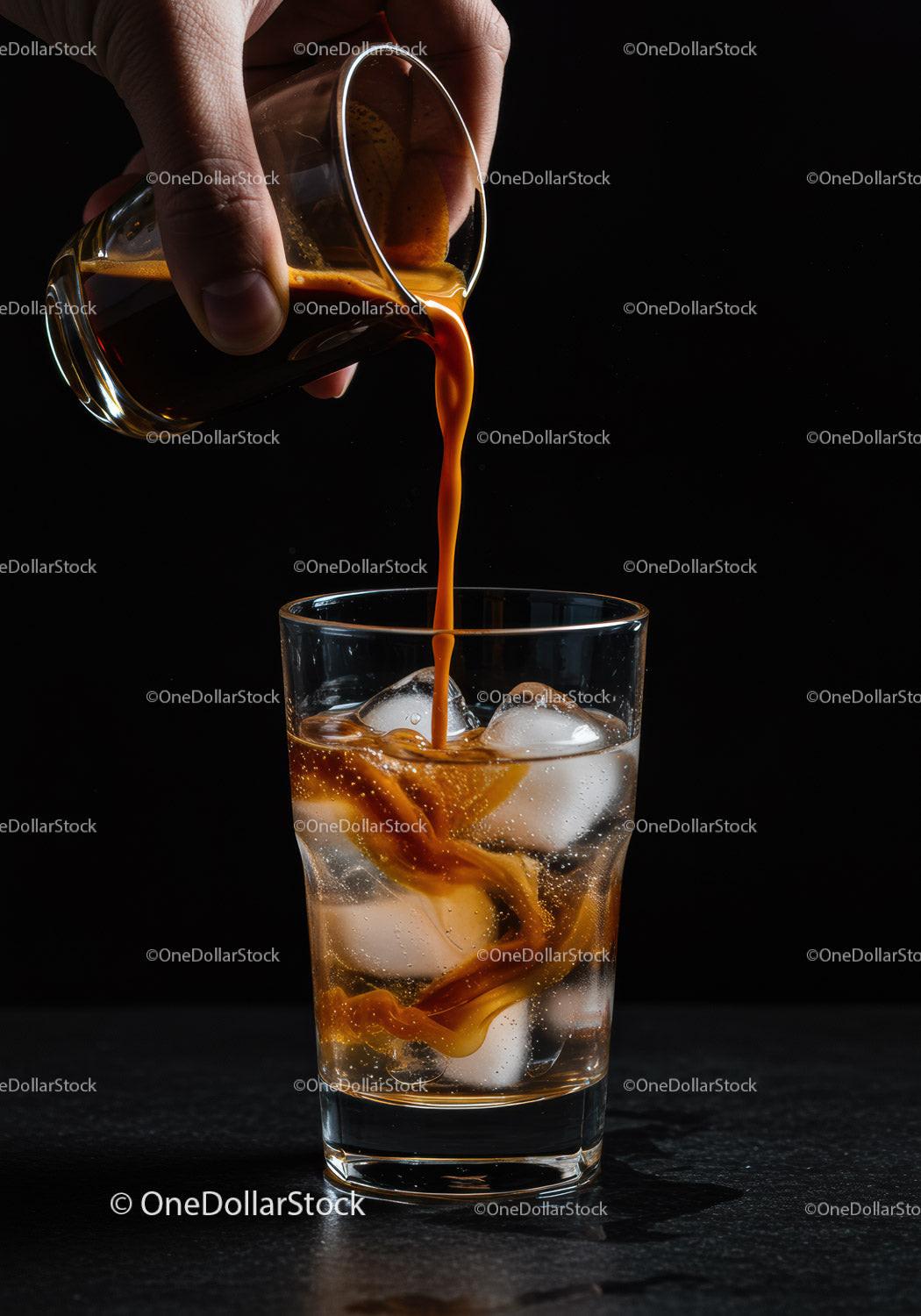 Pouring espresso into glass with ice cubes