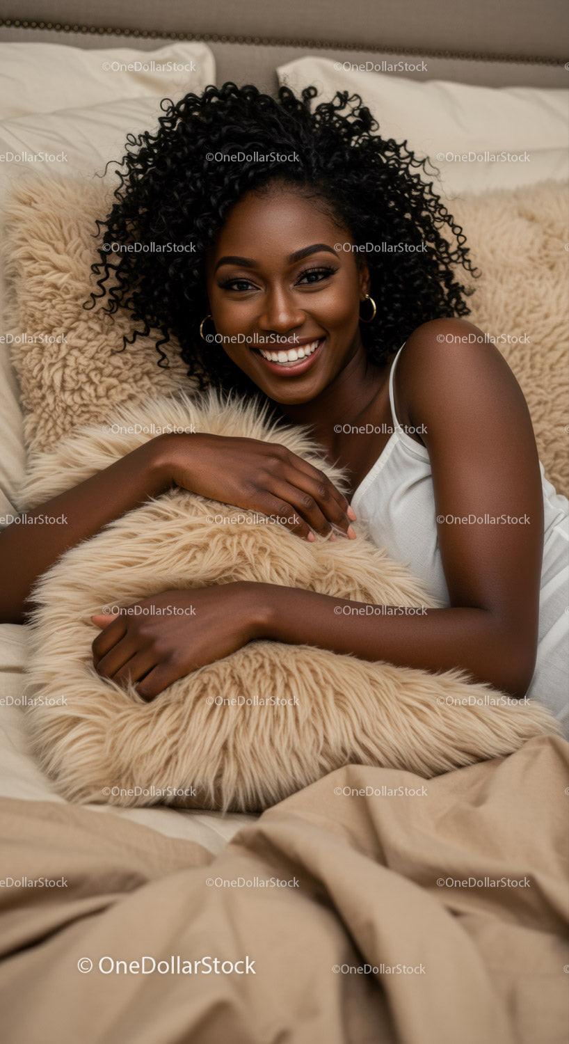 Smiling woman relaxing with cozy soft pillow in bed