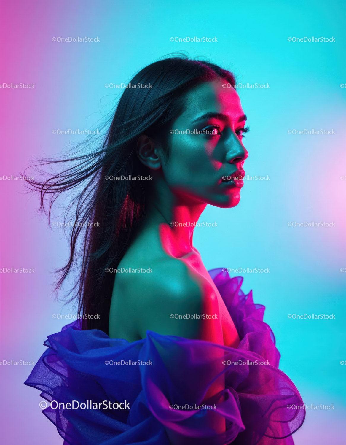 Vibrant Neon-lit Portrait of a Woman with Flowing Hair and Artistic Makeup