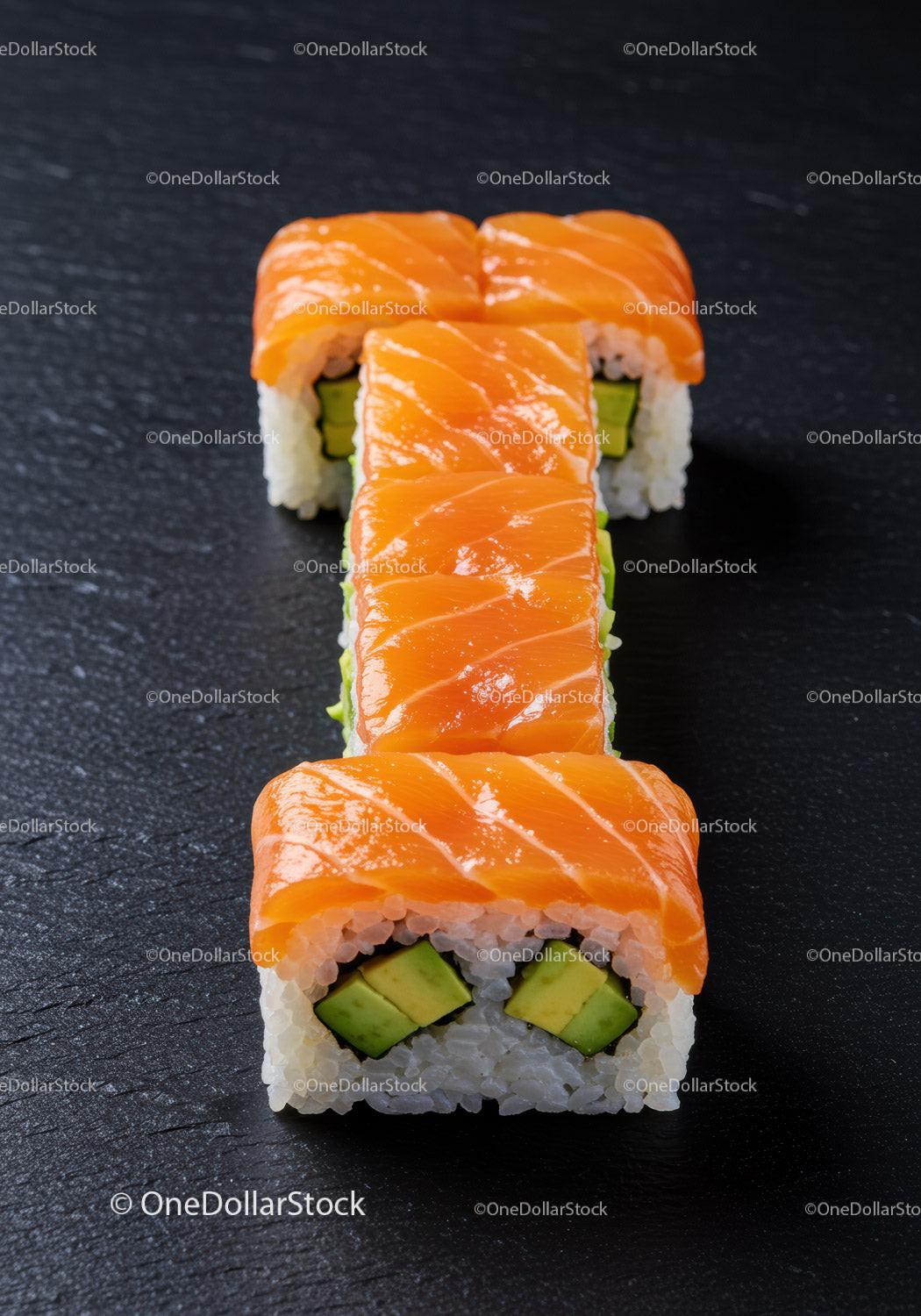 Fresh salmon avocado sushi rolls on black slate