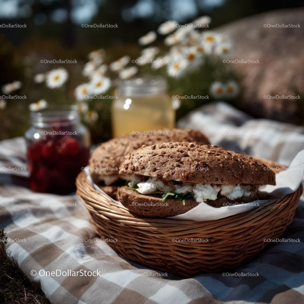 Rustic Bread Basket with Milk Jars and Daisy Flowers in Outdoor Setting Stock Photo Bundle preview 13