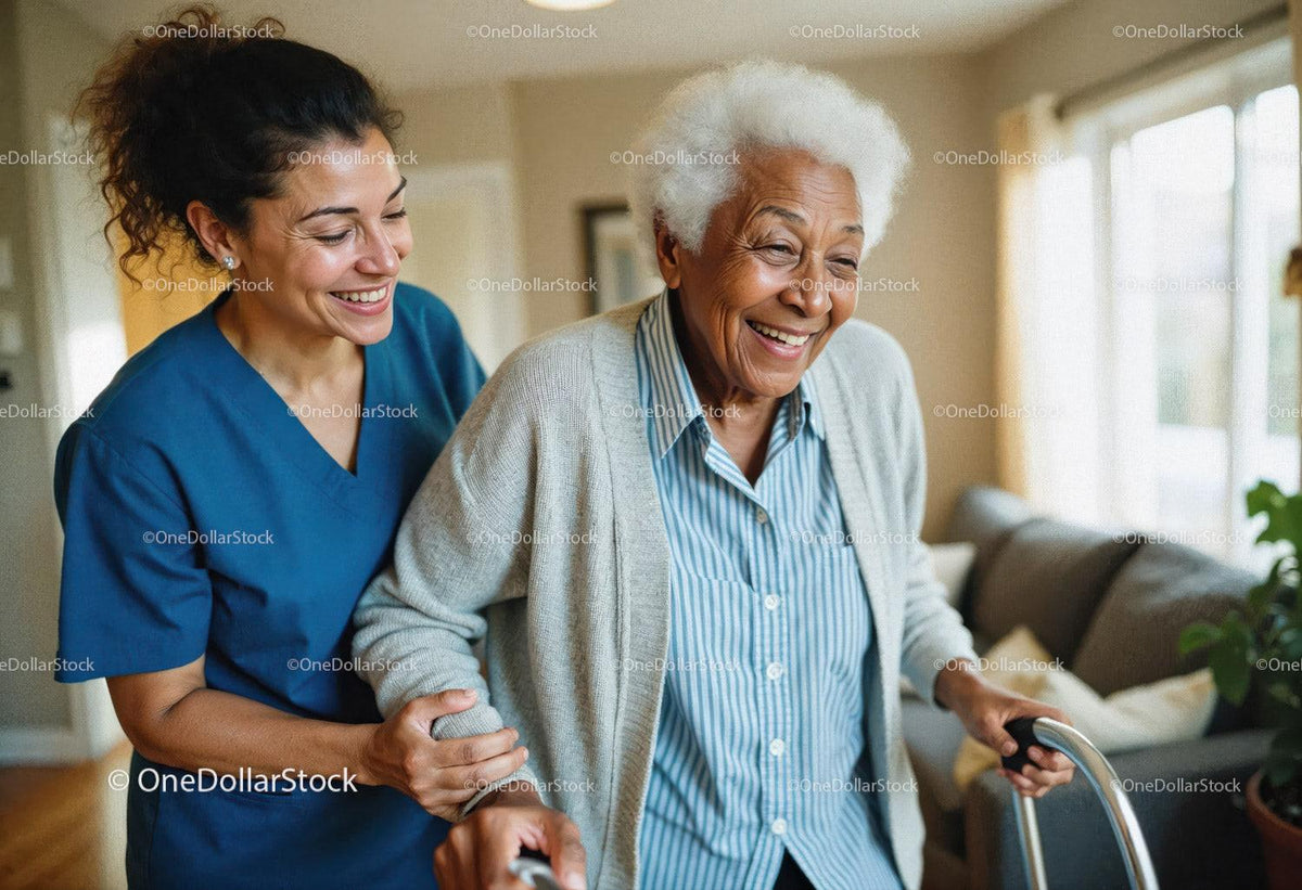 Elderly Woman Assisted by Caregiver in Retirement Home