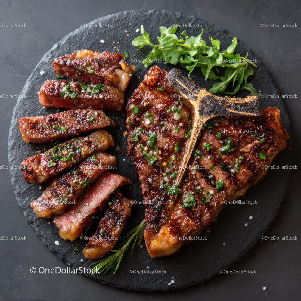 Grilled Beef Ribs with Fresh Green Herbs on Plate Stock Photo Bundle preview