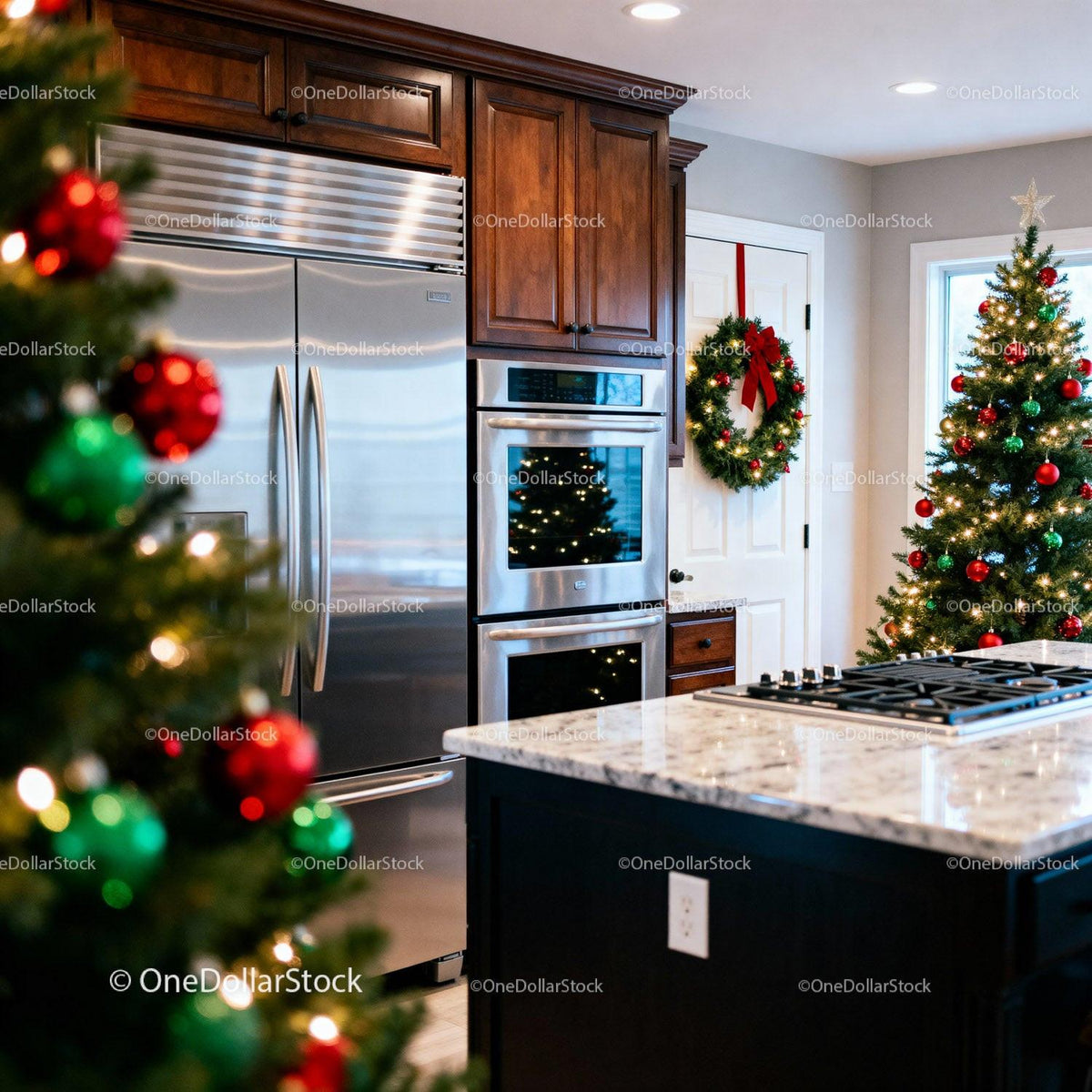 Modern kitchen decorated with Christmas tree and wreath